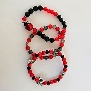 3 red glass bead stretchy bracelets